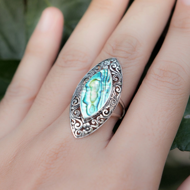 Marquise Filigree Flower Ring With Abalone Paua Shell 99 Fashion